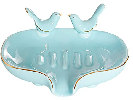DRYEN Lot de 2 porte-savons auto-drainants en céramique avec porte-savon en forme de feuille pour garder le savon au sec, porte-savon en forme de cascade, bleu