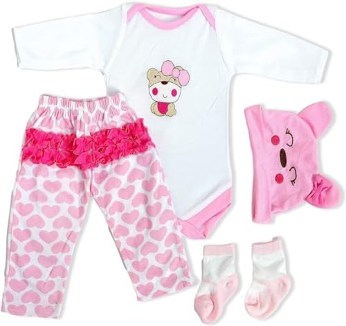 MAIHAO Reborn Babypuppen Kleidung für 17-22 Zoll Neugeborenes Babypuppe Mädchen, Puppenkleidung Outfit Zubehör passen 43-55 cm Babypuppe Mädchen【Niedliches Bären-Muster 4er-Set 】