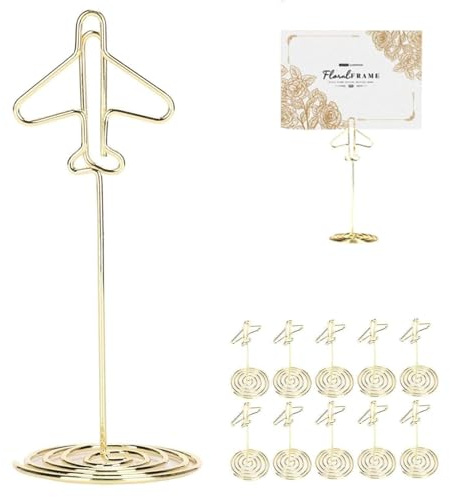 10 Pezzi Segnaposto da Tavolo Matrimonio, Porta Numeri da Tavolo Oro, Segnatavolo Matrimonio Portafoto da Tavolo in Metallo Porta,Note Porta Aereo Dorato Con Base, Segnaposti Matrimoni