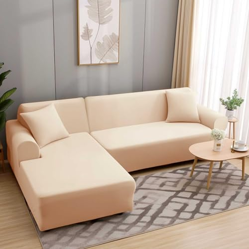 HEYOMART Sofabezug Ecksofa L Form Stretch Sofa Überzug Universal Couchbezug Für 1/2/3/4 Sitzer - 4 Sitzer, Beige (L Form Ecksofa Erfordert Zwei)