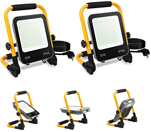 Tubiaz 2PCS 50W LED Projecteur de Chantier, Projecteur LED Extérieur 5100LM 6000K Blanc Froid avec Support Pliable, Lampe de travail Portable étanche IP66 Chantier Urgence (cordon 3M) M2-GGP8789x