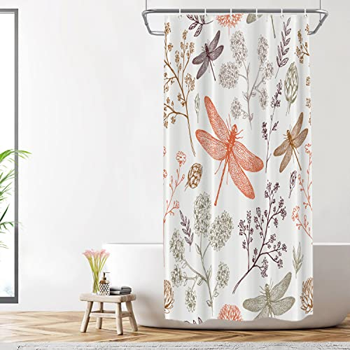 Shrahala Scarlet Wilderness Dragonfly Decorative Shower Curtain, Blackish Green Vintage Floral Bathroom Décor Polyester Fiber Waterproof with Plastic Rings for Shower Stall Bathtubs 72 x 36 in