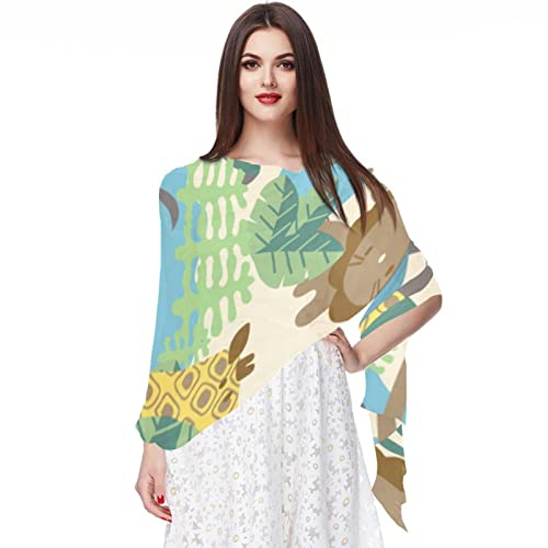 Tücher und Wraps für Abendkleider, Chiffon-Schal, großer weicher Hochzeitsschal,Cartoon Tier Elefant Giraffe Löwe tropisch