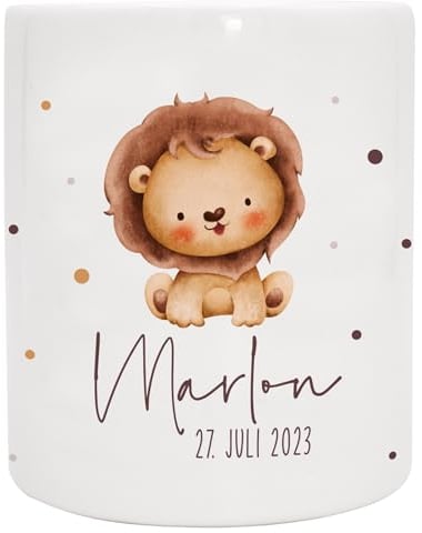 VERSCHENKICH Spardose für Kinder personalisiert - Geschenk für Kinder - Geburtstag, Weihnachten, Geburt - Spardose für Kinder mit Tiermotiv & eigenem Namen für Jungen & Mädchen (Spardose Löwe)