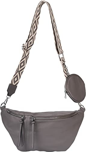 styleBREAKER Damen Halbmond Crossbody Schultertaschen Set 3-Teilig, Schultergurt mit Muster, Schlüsselanhänger, Börse 02012398, Farbe:Dunkelgrau