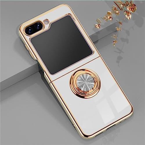 EYZUTAK Electroplated Magnetic Ring Holder Case for Samsung Galaxy Z Flip 5, 360 Degree with Rotation Metal Anti-fall Finger Ring Holder Magnet Car Holder Slim Soft Silicone Shockproof Cover - White
