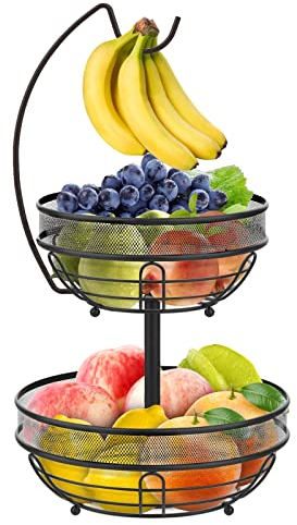 Bomclap Obstkorb 2 Etagen - Obstschale mit Bananenhalter für Küche - Abnehmbar 2 Stöckig Obst Etagere aus Metall - Dekorativer Obstkörbe Gemüse Korb für die Küchentheke - Schwarz2