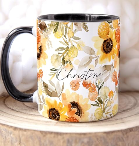 The Whistling Wren Personalised Sunflowers Mug with Name, Sunflower Coffee Cup, Personalised Mug & Coaster Set