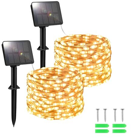 FFZZKJ Solar Lights Outdoor Garden Waterproof Total 100LED 5Mx2 Pack Outdoor Solar Lights for Garden Patio Balcony Terrace Veranda Tree, Warm White