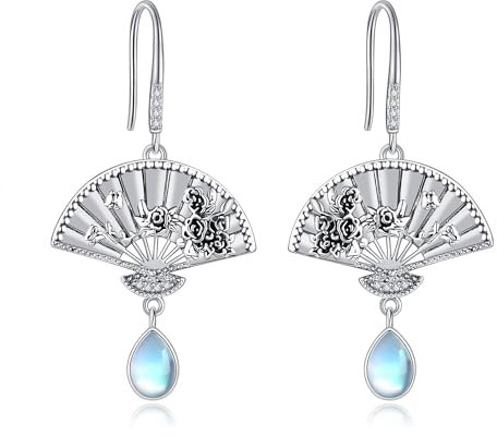 Fan Earrings Sterling Silver Fan Rose Flower Moonstone Dangle Earrings Jewellery Gifts for Women