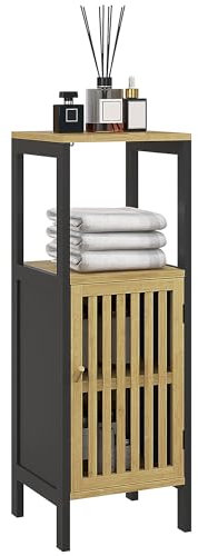 HOMCOM Meuble Bas de Salle de Bain en Bambou avec Placard 1 Porte Niche Ouverte 32 x 30 x 90,5 cm, Noir et Bois