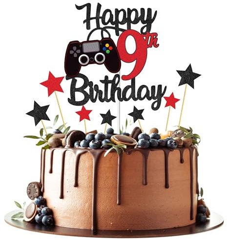 Joyeah Happy 9th Birthday Cake Topper Glitter Video Game Cake Pick Game On Cheers to 9 Years Cake Decoration for Game Theme Happy 9th Birthday Party Supplies Red