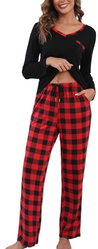 Yukiuiny Pyjama Femme Long Coton Ensemble Vêtement d'Intérieur Tee Shirt Vêtement de Nuit Carreaux Plaid Manches Longues Col V Pantalons de Pyjama Printemps Douce Confortable A-Noir Rouge+Carreaux M