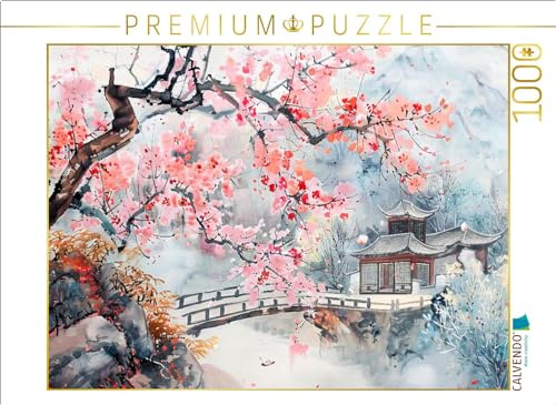 CALVENDO Puzzle Chinesischer Tempel zur Kirschblüte als Tuschezeichnung | 1000 Teile Lege-Größe 64 x 48 cm Foto-Puzzle für glückliche Stunden