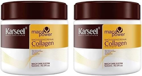 Karseell MACA CARE SYSTEM 2 Mascarillas Capilares Colágeno Hidratación Intensa Reparación Profunda Antifrizz Cabello Seco Dañado Teñido Alisado Con Argán Coco Maca Brillo Suavidad Sin Sulfatos 2x500ml