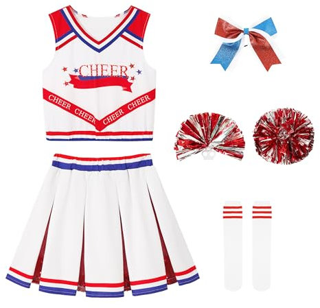 LOLANTA Cheerleader Kostüm Kinder Rot, Faschingskostüm Mädchen Cheerleader mit Pompoms Socken Kopfschmuck Cheerleading Uniform(Rot, 9-10 Jahre, Tag 140)