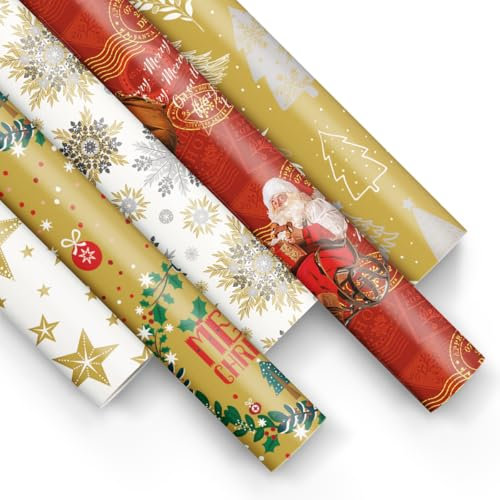 PAW - Geschenkpapier 200x70cm - 5 Rollen | Mix aus 5 Motiven | Elegante Papierrolle für Weihnachten, Wintergeschenke, Geschenke, Geburtstage - Goldene Weihnachten, Weihnachtsmann