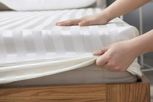 Satin Stripe Fitted Sheet 600 Thread Count – 40cm Extra Deep Bed Sheets – 100% Egyptian Cotton Bottom Sheets– White & Grey Bed Linen – Double, King, Super King Size (White, Double)