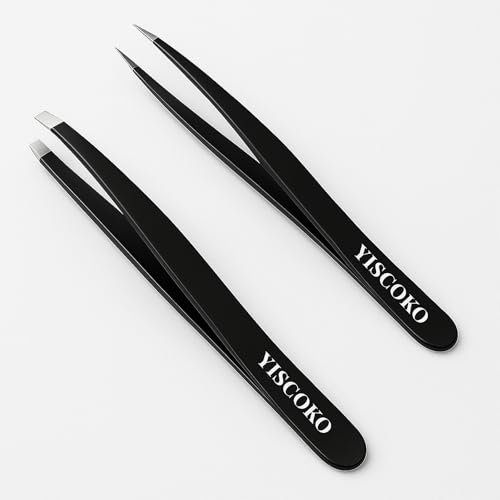 YISCOKO Pinzette professionali per peli del viso da donna, pinzette per sopracciglia in acciaio inox (2 pezzi, nero)