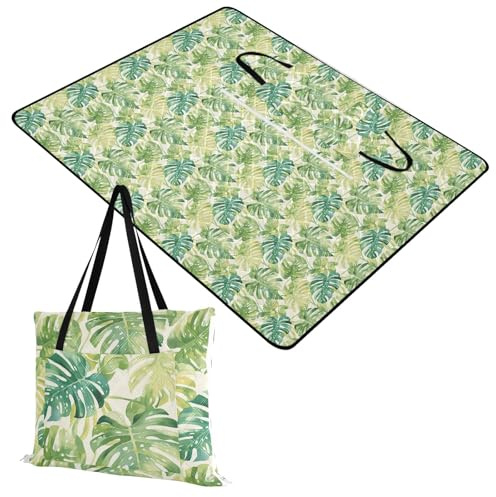 miaozhen Tapis de plage portable herbe pique-nique accessoires d'extérieur pour femme plein air cadeaux printemps aquarelle Monstera Deliciosa feuilles lac vert perle blanc Mantas para parques