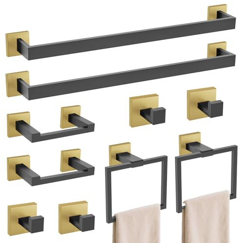 TURS 10-Piece Bathroom Hardware Accessories Set Black&Gold Towel Bar Holder Set SUS304 Stainless Steel Towel Racks for Bathroom Wall Mounted, 23.6-Inch