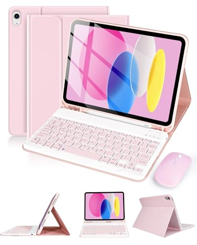 kantaj Bluetooth Keyboard Case with Mouse for iPad A16 11th/10th 2022 10.9 | Detachable Folio Keyboard, Cover with Pencil Holder for iPad 11th Generation 2025 /10th Generation 2022, UK Layout, Pink