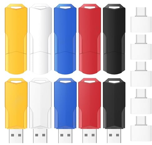 WOOOLKEN USB Stick 4GB 10 Stück, USB 2.0 Speicherstick Memory-Stick 10er Pack 1GB Pen Drives mit USB-C Adapter & Kappe und Lanyard LED-Anzeige