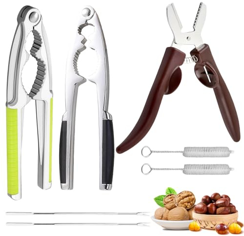 Nussknacker Walnüsse, 7pcs Nussknacker Edelstahl mit 2 Antirutsch-Griff Nußknacker,1Maroni Schneider, 2 Haselnussknacker2 Reinigungsbürsten für Alle Arten von Nüssen, Hummercracker, Krabbencracker