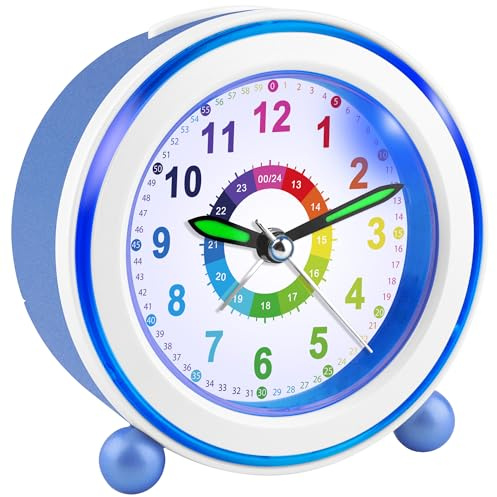 GUUMUXIN Wecker Kinder Analog Ohne Ticken (Blau) | Mit Nachtlicht, Nachttischuhr mit Snooze, Batteriebetrieben, Lernwecker für Jungen und Mädchen