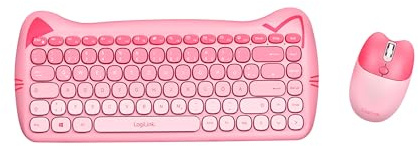 LogiLink kabellose 2,4 GHz kindgerechte Tastatur-Maus-Kombi 1600 DPI QWERTZ-Layout Windows MAC 85 Tasten 12 Multimediatasten Katzen-Design Energiesparmodus Pink