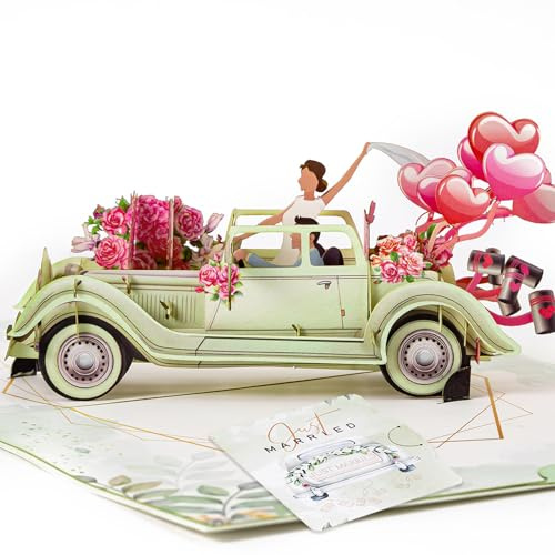 3D Pop Up Hochzeitskarte Valentinstag Karte Hochzeit Hochzeitsauto Karte mit Braut Bräutigam Verlobungsgeschenk mit Umschlag Karte für Valentinstag Hochzeitstag Verlobung Jahrestag Brautparty Hochzeit