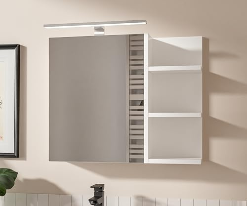 HAJDUK FURNITURE Spiegelschrank Bad Weiß 60x50 cm mit LED Beleuchtung LED Badspiegelschrank Badezimmerschrank mit Spiegel und Ablagen 1 Tür Hängeschrank Bad Grifflos Ablagen Rechts