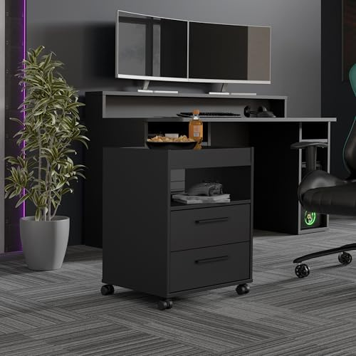 Forte TEZAUR Rollcontainer 50, modernes Rollregal für Schreibtische, Beistelltisch auf Rollen, Gaming, Büro, Jugendzimmer, Holzwerkstoff, Schwarz, 48,4 cm breit x 63 cm hoch x 42 cm tief