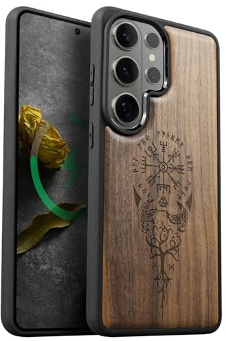 Carveit Holz Cover für Galaxy S26 Ultra, Nussbaum-Wikingerkompass | Magnetisch Case kompatibel MagSafe Massivholz für Samsung S26 Ultra Handyhülle Stoßstange Weich TPU hulle