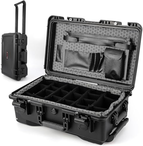 Garvee Protective Case, Heavy Duty Waterproof Camera Case, 22”x14”x9” Dustproof & Impact Resistant Dry Box for Diving & Outdoor Photography, Includes Padded Dividers, Wheels & Document Bag