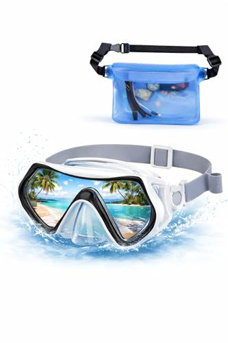 Taucherbrille Erwachsene 180° Panorama – Komfort Tauchmaske mit Stoffband, verstellbar – Set mit wasserdichter Dry Bag Tasche für Handy & Wertsachen – Weiß-schwarz