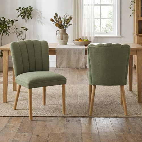 DAYALANE Retro Esszimmerstühle 2er Set, Küchenstuhl mit Muschelförmiger Gesteppter Rückenlehne, Armloser Chenille Gepolsterter Stuhl aus Holz für Esszimmer Küche Wohnzimmer, Grün