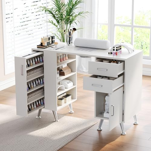AffinityFurn Nail Desk with Electric Dust Collector & Wrist Rest, Professional Manicure Table with Pull-Out Locker and Drawers, Large Nail Tech Table with 8 Metal Legs for Salon,Home,Beauty Studio