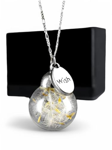 MadamLili Pusteblumen-Kette 925 Sterling Silber | Glaskugel mit Pusteblume & Wunsch-Anhänger | Glücksbringer Halskette | Geschenke für Frauen, Freundin & Mama | Charm Kette mit Löwenzahn