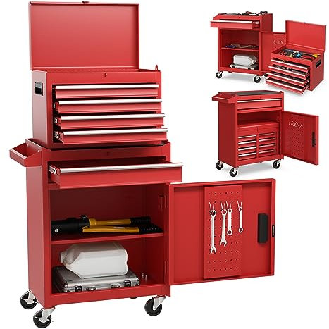 COSTWAY Large Rolling Tool Cabinet, 2-in-1 Detachable Metal Tool Chest with Drawers, Wheel, Handle, Hooks & Pegboard, Lockable Tool Box Trolley for Garage Workshop (with Adjustable Shelf, Red)