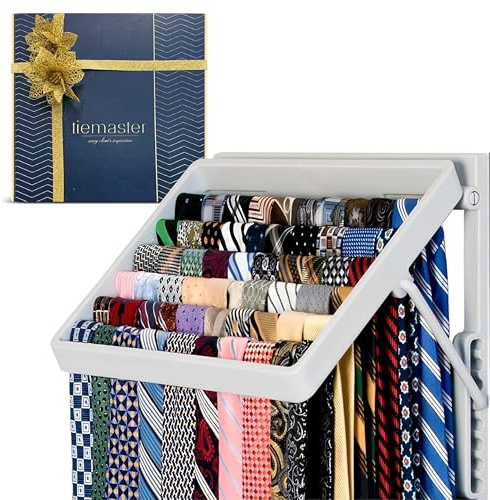 TieMaster Wall Mounted Tie Rack and Scarf Organizer with 5 Belt Hooks