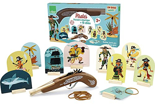 Gummibandpistole Piraten Schießspiel aus Holz für Kinder ab 6 Jahren | Zielscheibe und Zubehör inklusive -illustrierte Piratenwelt -fördert Präzision und Geschick -clevere Aktivität im Freien