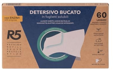 R5, Detersivo Bucato in Foglietti Solubili, 60 Lavaggi, Detersivo in Fogli con Enzimi per Lavatrice o Lavaggi a Mano, per Capi Bianchi e Colorati, Profumo Fiori di Lino, Eco-Formato