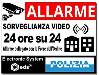 Adesivi Allarme Videosorveglianza 24H/24 - Stile Polizia Grande Formato 14,8x10,5 cm - Set 8 Stickers Dissuasivi Fondo Bianco | Sicurezza Casa Garage Negozio Finestre Porte | Resistenti UV & Pioggia