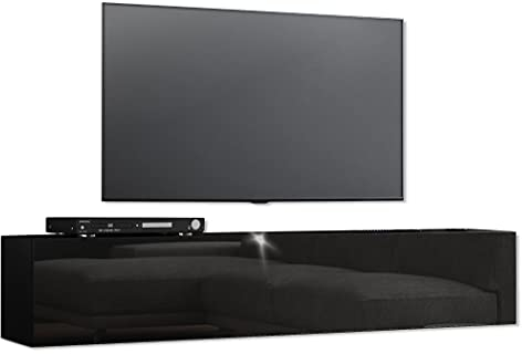 TV Schrank Lowboard TV Möbel Fernsehtisch Hängeboard 160cm - Hochglanz Tür- LED - K160 (Schwarz Matt + Schwarz Hochglanz)