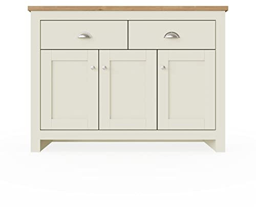 Timber Art Design Uk Lisbon Sideboard 3 Doors 2 Drawers Buffet Storage Cabinet Cupboard Solid Wooden Sideboard Cream- Oak