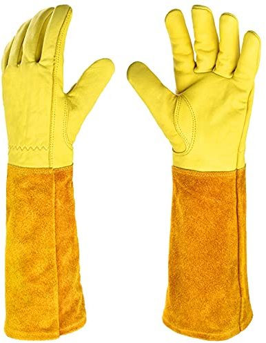 Gartenhandschuhe aus Leder für Damen und Herren – Isilila atmungsaktive Rosen-Handschuhe mit Dornschutzhandschuh, Lange Rindslederärmel,Gartenarbeitshandschuhe für Gärtner und Bauern, gelb(L)