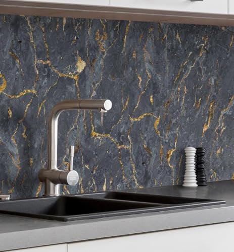 MyMaxxi Küchenrückwand Folie selbstklebend matt Versteift - einfache Montage ohne Bohren - Motiv Marmor schwarz 60cm hoch - Spritzschutz Küche Klebefolie - Steine Mauer 280 x 60cm