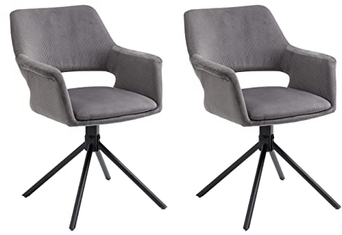 byLIVING Esszimmerstuhl Eleonore / 2er Set/Stoff Cord grau/Gestell Metall schwarz/Sitzschale 360° drehbar/Küchenstuhl gepolstert/Wohnzimmerstuhl/B 57, H 84, T 61, cm