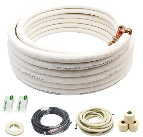 25 Ft Mini Split Line Set.Air Conditioner Copper Tubing Pipes Extension Set, 1/4 & 3/8 3/8 PE Thickened for AC and Heating Equipment Insulated Coil Line Set HVAC Refrigerant with Nuts. (1/4+3/8)